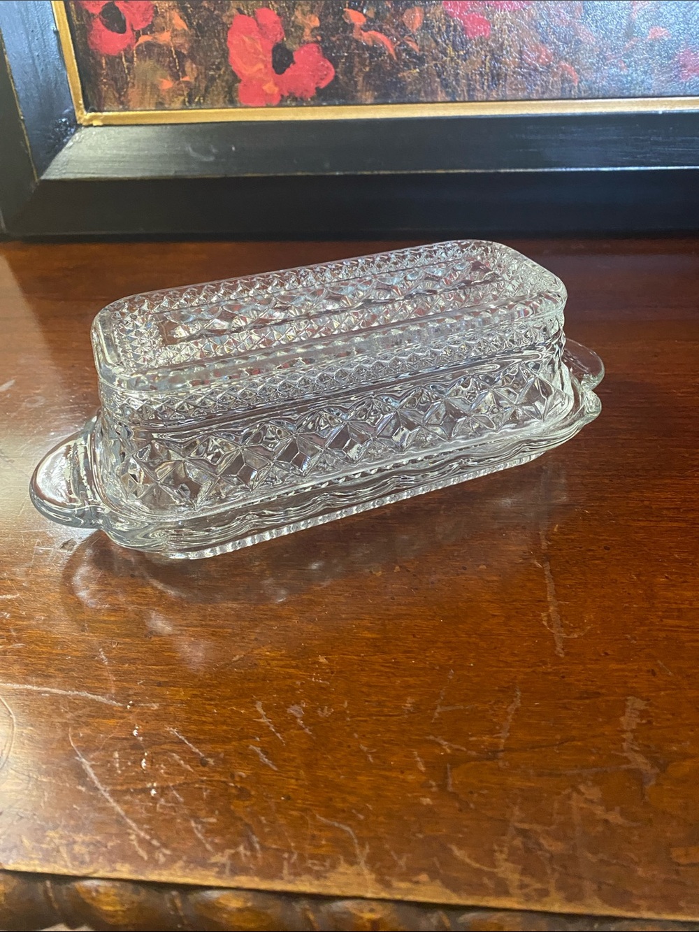 Anchor Hocking Glass Butter Dish Featuring a Pressed Diamond Cut Design
